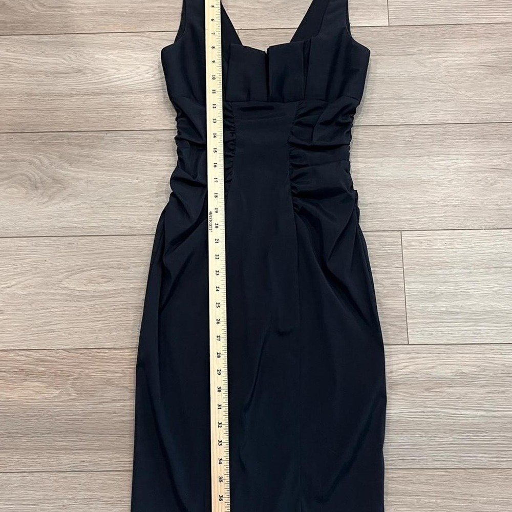 Vintage Black Midi Bodycon Dress Pleated Bust Minimalist Old Money Women 6 - Picture 3 of 6